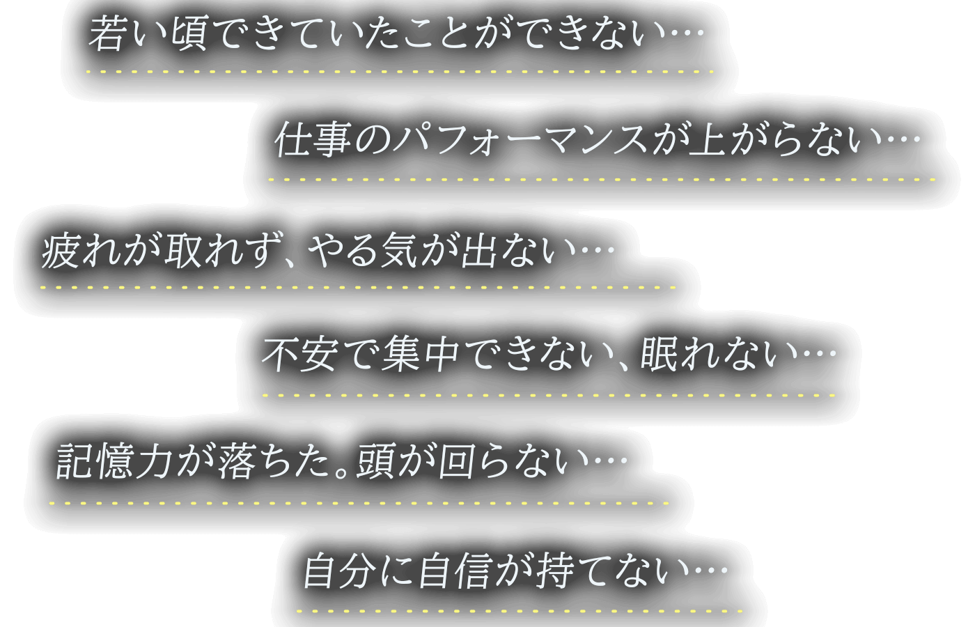 
          若い頃できていたことができない…
          仕事のパフォーマンスが上がらない…
          疲れが取れず、やる気が出ない…
          不安で集中できない、眠れない…
          記憶力が落ちた。頭が回らない…
          自分に自信が持てない…
          
